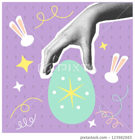 Easter card vector illustration, modern and festive design with a playful bunny ear and decorated 123982083