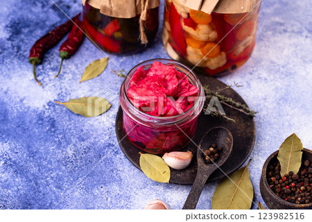 Healthy homemade fermented food in jars Healthy homemade fermented food in jars 123982516