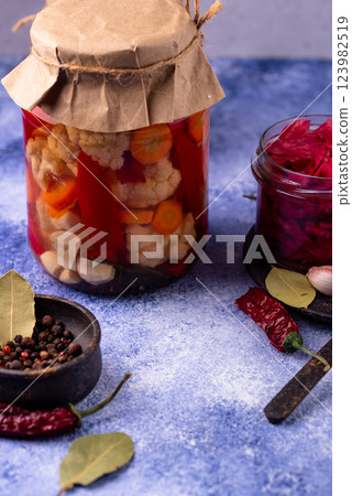 Healthy homemade fermented food in jars Healthy homemade fermented food in jars 123982519