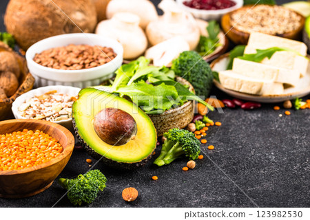 Vegan keto products. Ketogenic plant-based food Vegan keto products. Ketogenic plant-based food 123982530