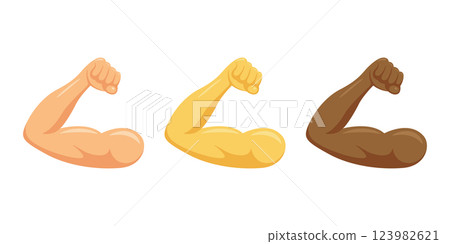 Muscular Arm Icon Set with Diverse Skin Tones. Strong Bicep Showcasing Various Skin Tones From Light to Dark. Design Template for Fitness, Health, Gym, Workout Graphics, Bodybuilding, Wellness Design 123982621