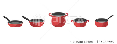 Flat Color Cookware Vector Illustration. Cooking Pots, Frying Pans, Saucepan. Kitchen Utensils, Kitchenware, Cooking Set. Nonstick Cookware, Kitchen Cooking Pans, Utensils, Equipment Icons 123982669