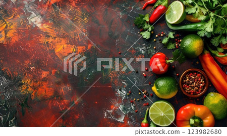 fresh fruits and vegetables, Cinco de Mayo, national holiday of Mexico, horizontal banner, dark stone background, copy space, free space for text 123982680
