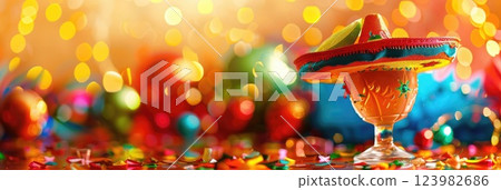 Cinco de Mayo, the national holiday of Mexico, bright colorful background, citrus cocktail, decorated with a straw hat, glitter and shine, horizontal banner, copy space, free space for text 123982686