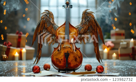 Christmas Wonder An Ethereal Violin with Beautifully Crafted Angelic Wings in the Atmosphere 123982732