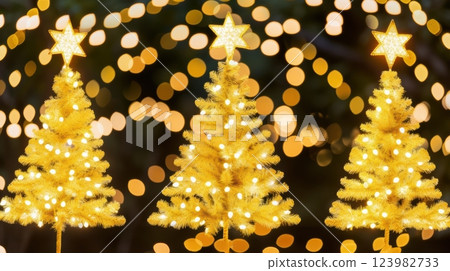 Beautifully Lit Golden Christmas Trees Adorned with Sparkling Bokeh Lights and Warm Cheer Beautifully Lit Golden Christmas Trees Adorned with Sparkling Bokeh Lights and Warm Cheer 123982733