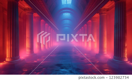 An illuminated Ancient Corridor with Ethereal Lighting Effects that enchant viewers An illuminated Ancient Corridor with Ethereal Lighting Effects that enchant viewers 123982734