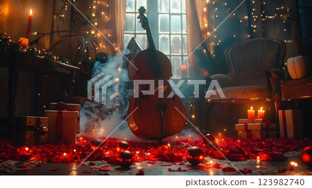 An Elegant Cello is Surrounded by a Romantic Ambiance and Soft, Warm Lights that Glow 123982740