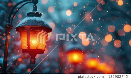 A Winter Lantern nestled in a beautiful Snowy Wonderland filled with magic and peace 123982745