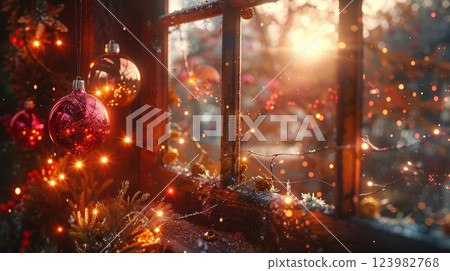 A Cozy Christmas Window Displays Beautiful Ornaments and Twinkling Holiday Lights 123982768