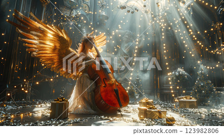 A Celestial Musician adorned with Golden Wings performs beautifully in a Sparkling Setting 123982806