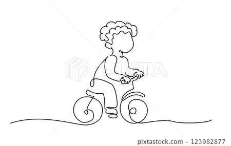Happy child boy playing bicycle. Continuous one line drawing. Happy child boy playing bicycle. Continuous one line drawing. 123982877