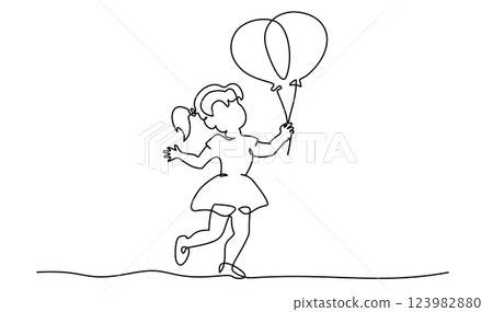 Girl with the balloons, birthday greeting card, Continuous one line drawing, Girl with the balloons, birthday greeting card, Continuous one line drawing, 123982880