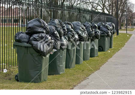 The Overflowing Trash Bins in a Park Setting Create Serious Environmental Issues for Everyone 123982915