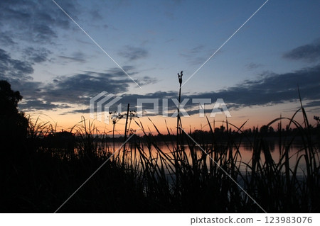 dark silhouettes against the background of a sunset over the river. Evening Landscape 123983076