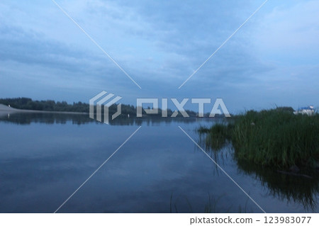 evening landscape sunset over river near shore 123983077