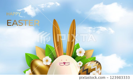 Easter poster with ceramic bunny, flowers, golden eggs decorated with pattern. Sky background. Easter greetings and gifts. Vector illustration Easter poster with ceramic bunny, flowers, golden eggs decorated with pattern. Sky background. Easter greetings and gifts. Vector illustration 123983333