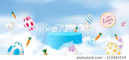 Minimalist scene with a blue cylindrical podium in the clouds and flying Easter eggs and carrots. Stage for product demonstration, showcase. Vector Minimalist scene with a blue cylindrical podium in the clouds and flying Easter eggs and carrots. Stage for product demonstration, showcase. Vector 123983334