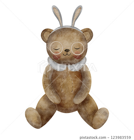 Teddy bear sitting in bunny ears. Watercolor illustration of kid's toy in hare outfit in retro style on isolated background for greeting cards, Christmas vintage invitations, clothes, party design 123983559