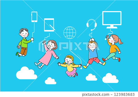 孩子們在數位社會中的聯繫以及天空中飄浮的雲彩的插圖 123983683