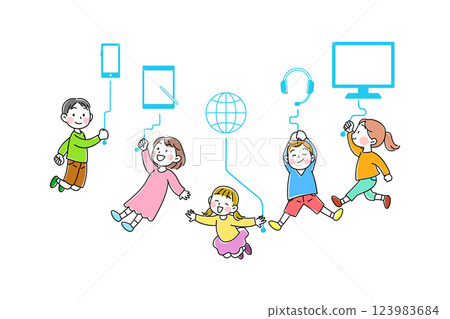 兒童在數位社會中相互連結的圖示 123983684