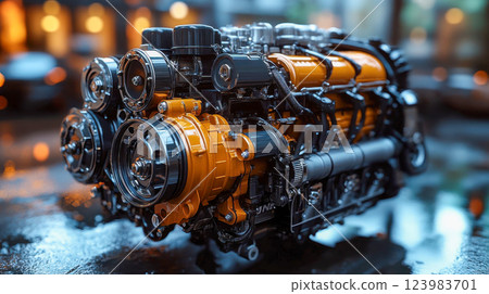 Close-up of a detailed, high-performance car engine with reflective surfaces in an industrial setting 123983701