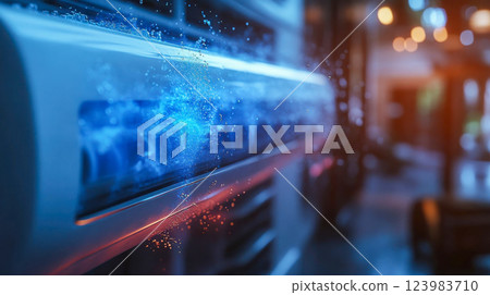 Modern air conditioner emitting cool air with a mist effect in a stylish, futuristic indoor environment Modern air conditioner emitting cool air with a mist effect in a stylish, futuristic indoor environment 123983710