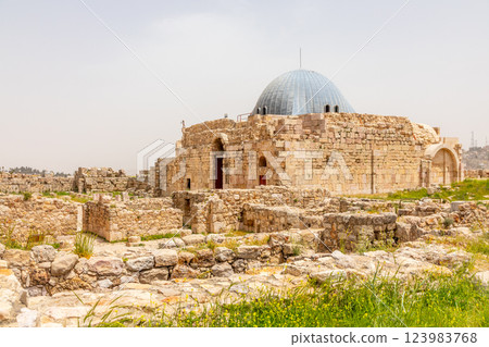 The Dome of Umayyad Palace mosque with ruins in the foreground, Citadel Hill, Jabal al-Qala, Amman, Jordan. The Dome of Umayyad Palace mosque with ruins in the foreground, Citadel Hill, Jabal al-Qala, Amman, Jordan. 123983768