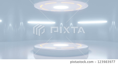 Futuristic Minimalistic Interior with Suspended Platforms Futuristic Minimalistic Interior with Suspended Platforms 123983977