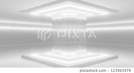 Futuristic Minimalist Interior with Reflective Structure Futuristic Minimalist Interior with Reflective Structure 123983979