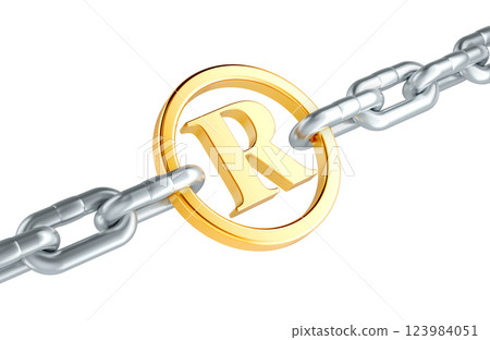 Registered trademark symbol with link of chain. Protection, concept. 3D rendering Registered trademark symbol with link of chain. Protection, concept. 3D rendering 123984051