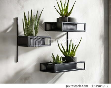Aloe vera in a black ceramic pot on a metal shelf on a white wall. House plants. 123984097