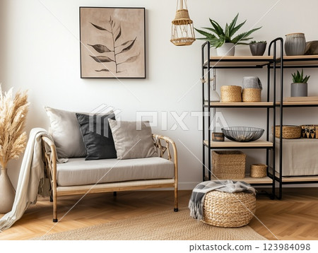Aloe vera in a ceramic pot on a shelf in a cozy Scandinavian-style living room. House plants. Aloe vera in a ceramic pot on a shelf in a cozy Scandinavian-style living room. House plants. 123984098