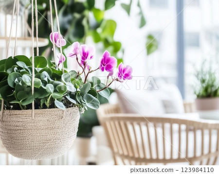 Cyclamen in a hanging wicker pot in a cozy sunny room with a boho-style interior. House plants. 123984110