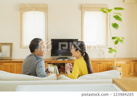 Elderly couple relaxing in the living room 123984285