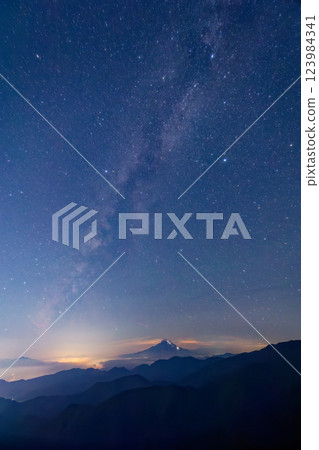 Night view of Mt. Fuji and the summer Milky Way from Sannoto, Tanzawa Omoteone 123984341