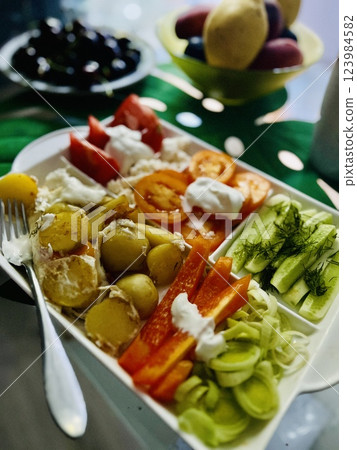 Close up of a plate of salad with potatoes, tomatoes and cucumbers 123984582