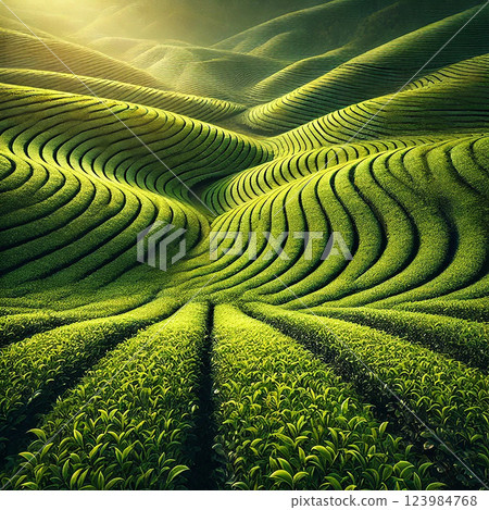 A landscape of beautiful curves spreading across tea fields 123984768