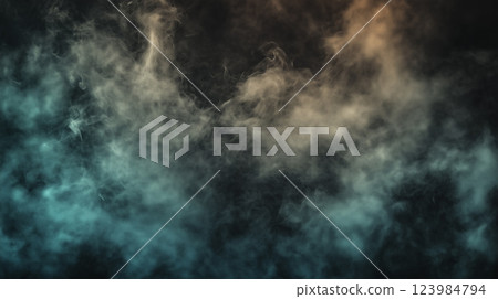 Abstract misty smoke in blue and beige hues on black background for mysterious design or creative presentation 123984794