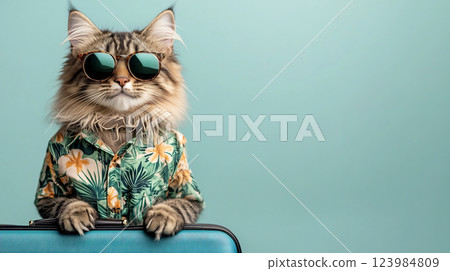Cool cat in tropical shirt and sunglasses with suitcase on teal background with empty space. Vacation banner for cruise, travel promo Cool cat in tropical shirt and sunglasses with suitcase on teal background with empty space. Vacation banner for cruise, travel promo 123984809