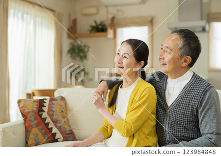 放鬆在客廳的年長夫婦 放鬆在客廳的年長夫婦 123984848