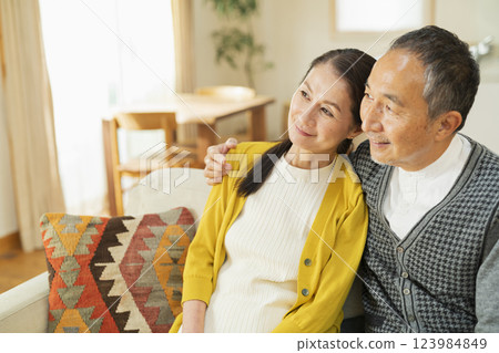 放鬆在客廳的年長夫婦 放鬆在客廳的年長夫婦 123984849