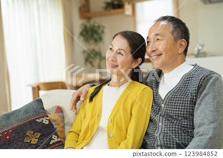 放鬆在客廳的年長夫婦 123984852