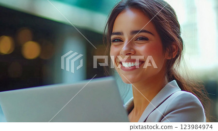 Young businesswoman in formal wear in modern office working on grey laptop. Business person with confident smile. Latin hispanic business woman indoor This is AI-generated item 123984974