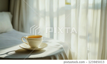 A white cup of hot tea sits on the bedside table in cozy bright bedroom in the warm sunlight. Lazy morning indoors. Hotel room. Still life. Sweet home This is AI-generated item 123985013