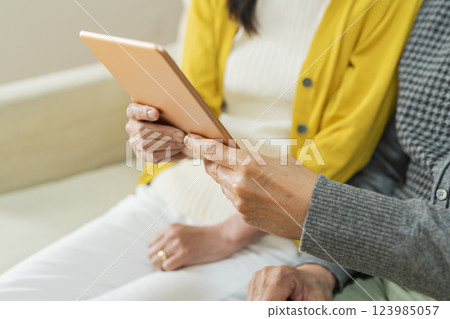 Elderly couple using a tablet device in the living room 123985057