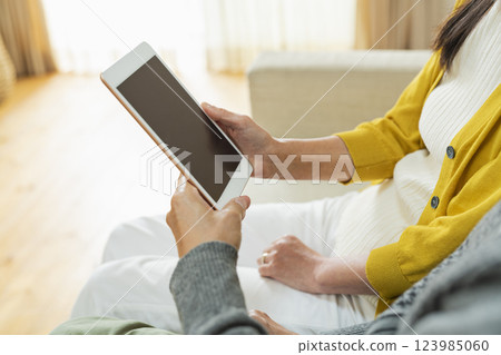 Elderly couple using a tablet device in the living room 123985060