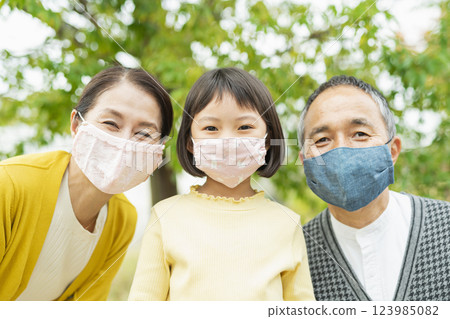 Grandparents and grandchildren going out wearing homemade masks 123985082