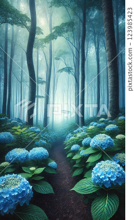 神奇的藍色繡球花森林-寧靜神秘的漫步 神奇的藍色繡球花森林-寧靜神秘的漫步 123985423