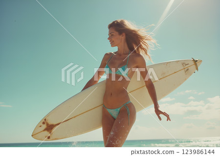 Surfer Enjoying a Sunny Day at the Beach With a Surfboard in Hand 123986144
